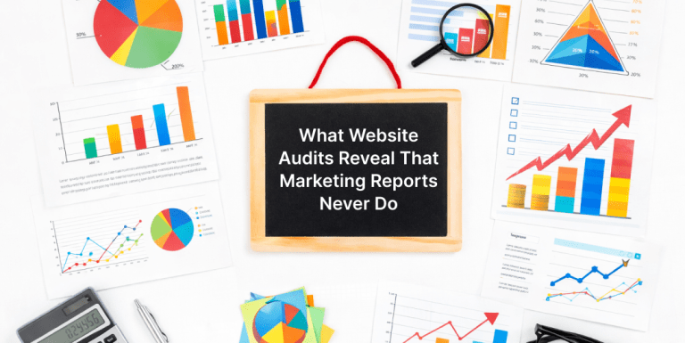 Chalkboard displaying the text "What Website Audits Reveal That Marketing Reports Never Do" surrounded by analytics charts, graphs, and performance reports
