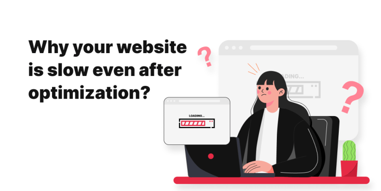 Illustration explaining why my website is slow after website performance optimization, showing a frustrated user and a loading screen